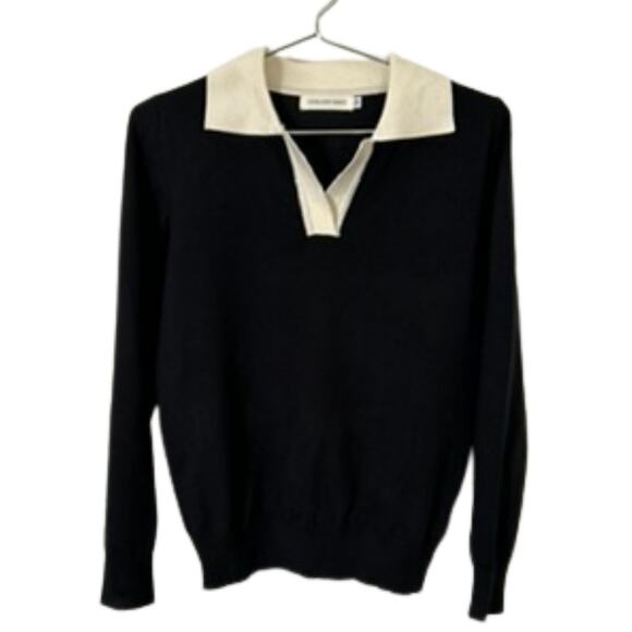 Black Contrast Collar Knit Sweater Top – Long Sleeve Preppy Style, Size M - Picture 1 of 6